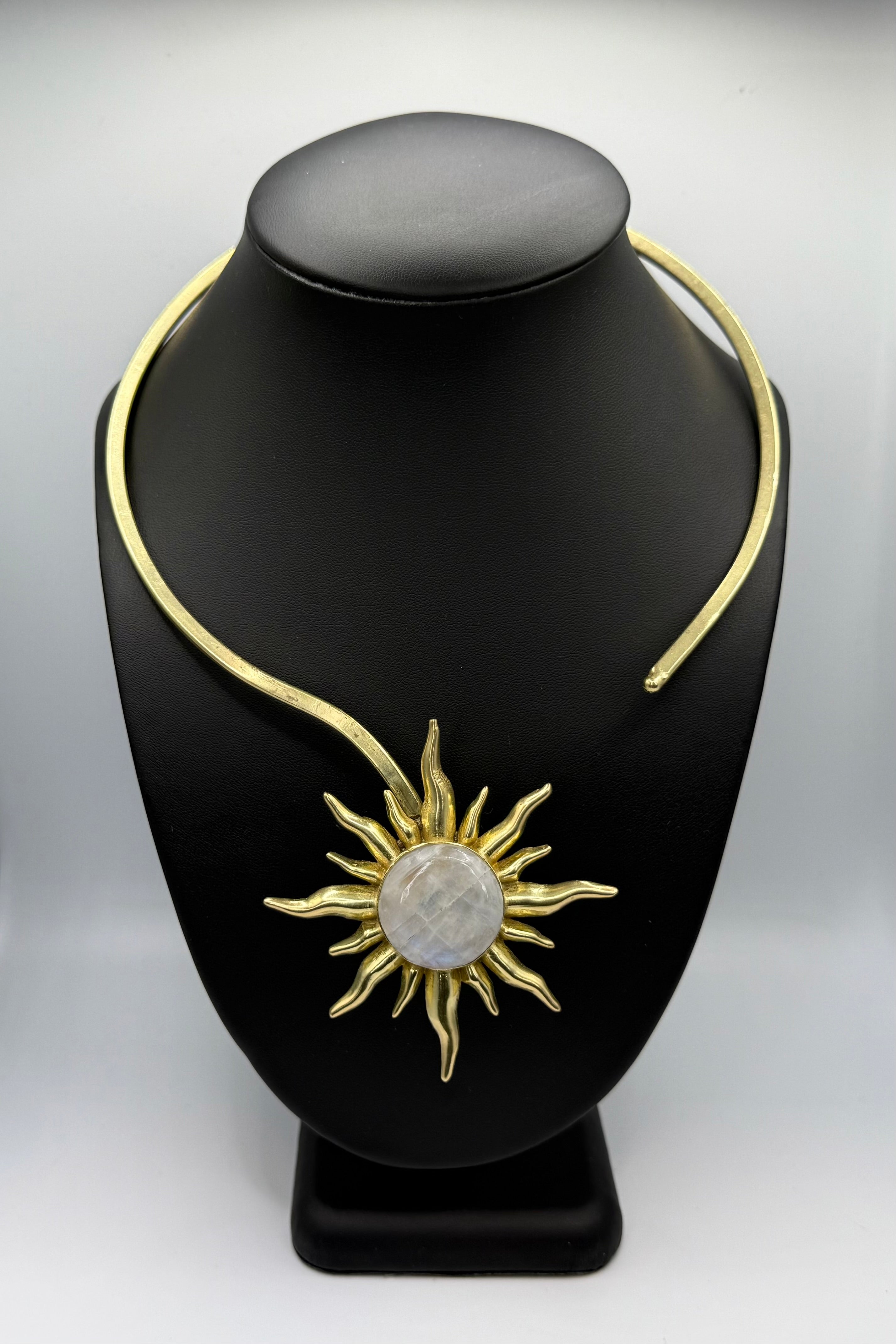 Blue Moonstone Brass Sun Necklace