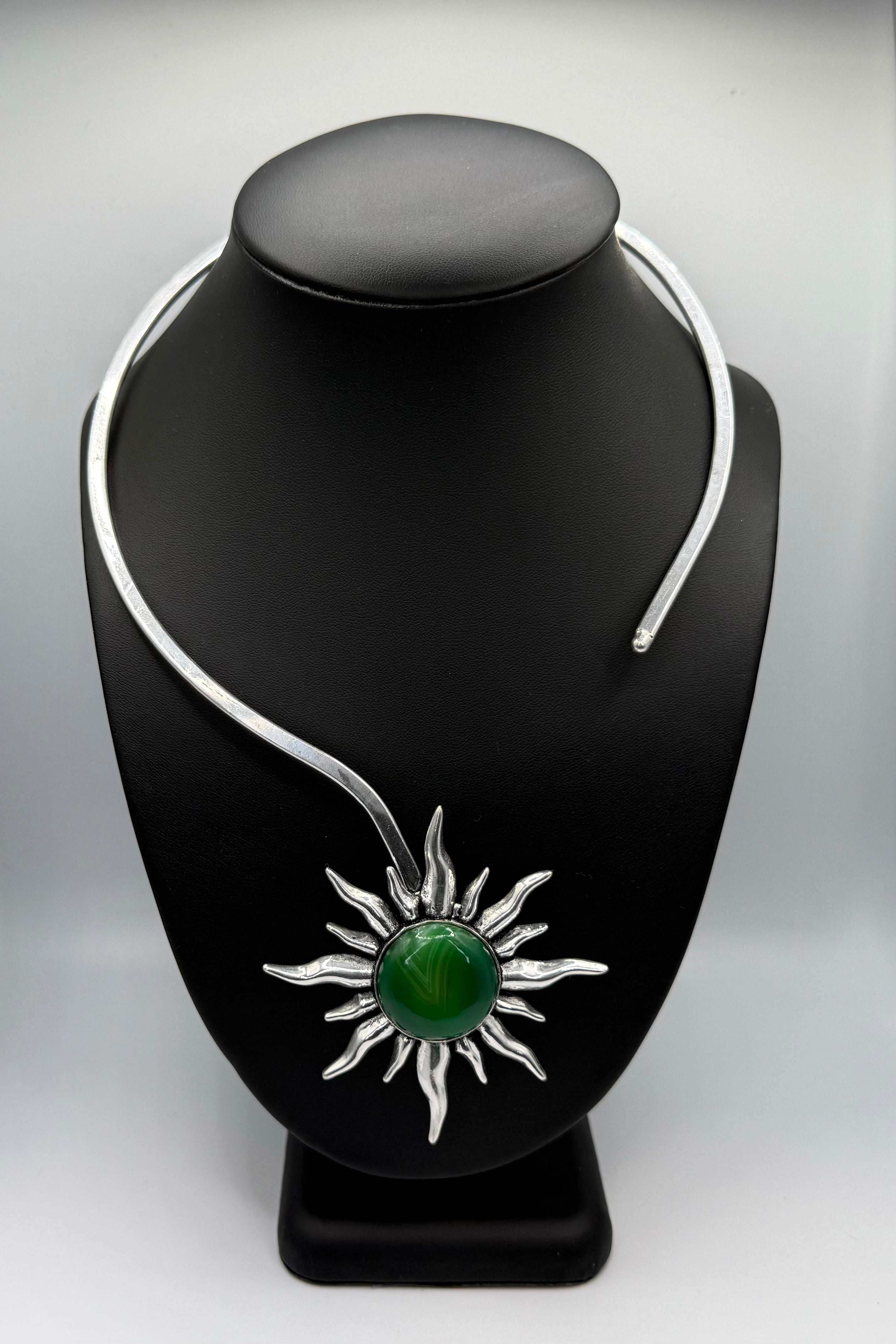 Green Agate Silver Sun Necklace