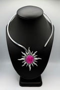 Hot Pink Agate Silver Sun Necklace