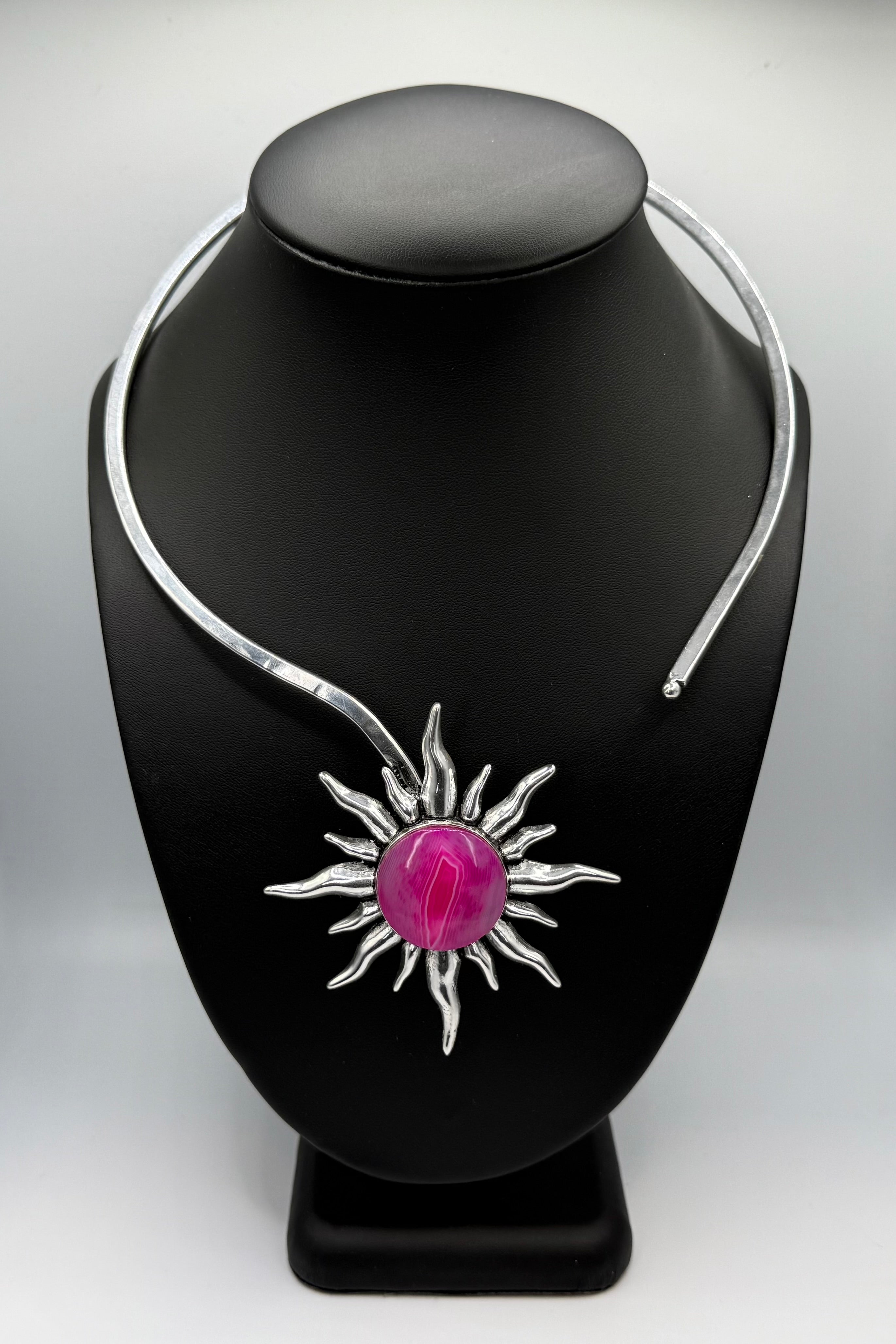 Hot Pink Agate Silver Sun Necklace