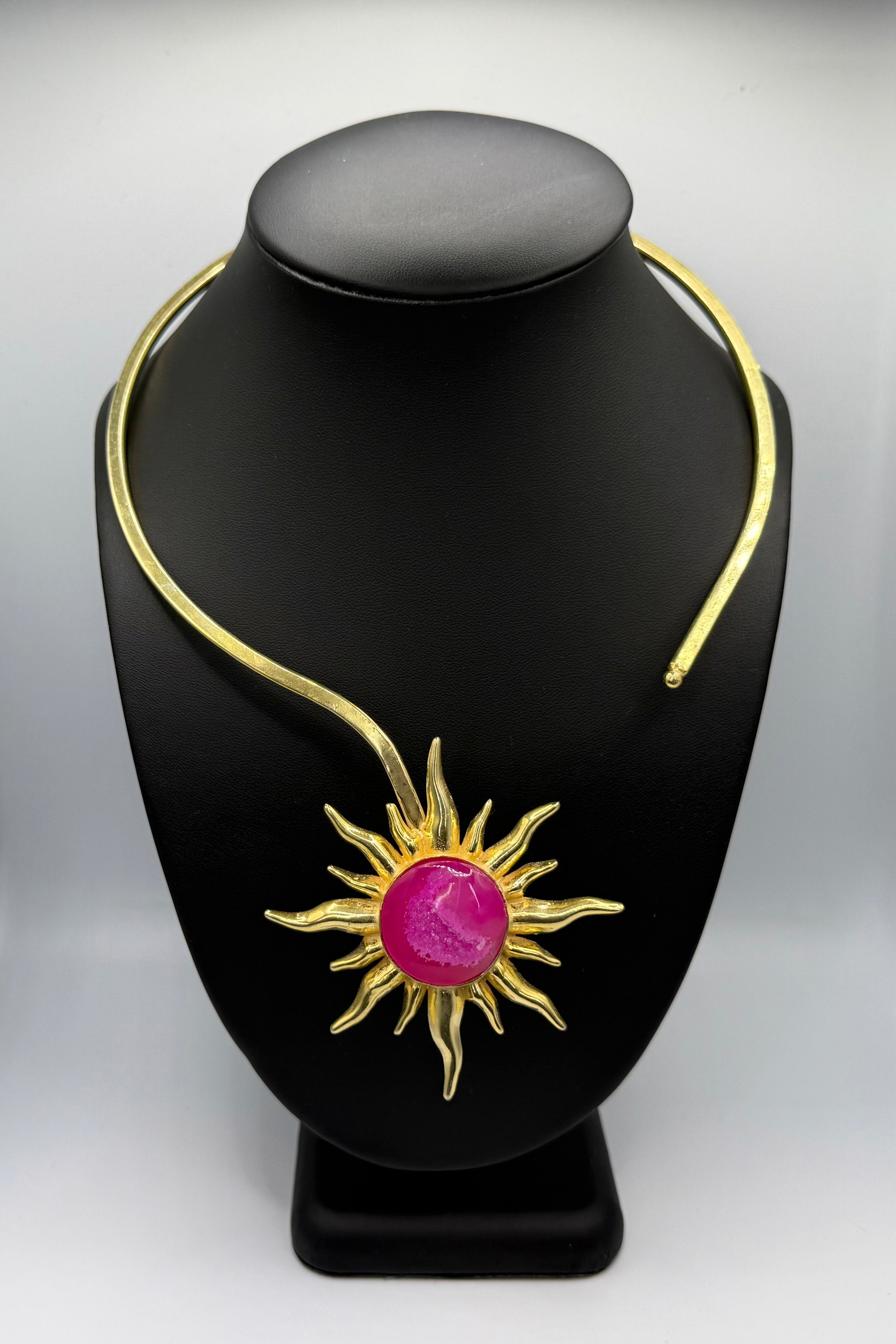 Hot Pink Druzy Gold Sun Necklace
