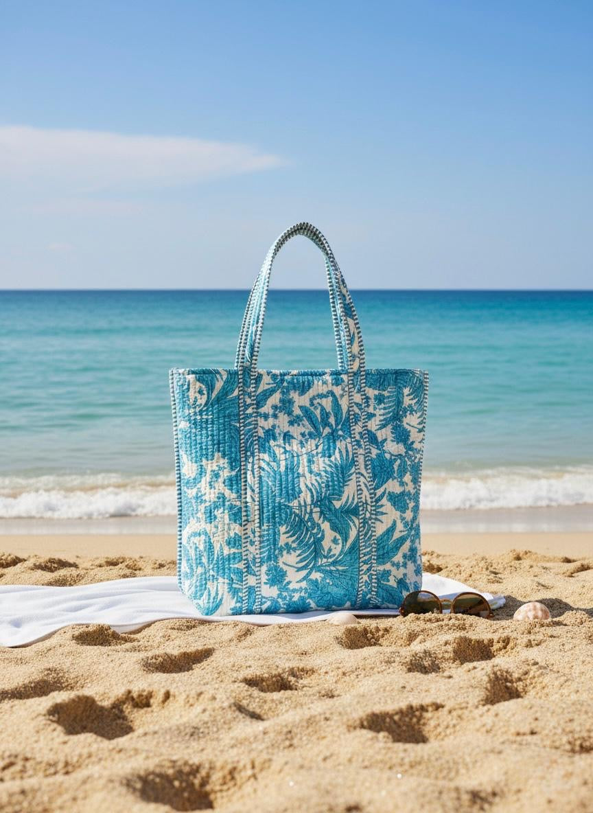 White & Sky Blue Floral Print Tote