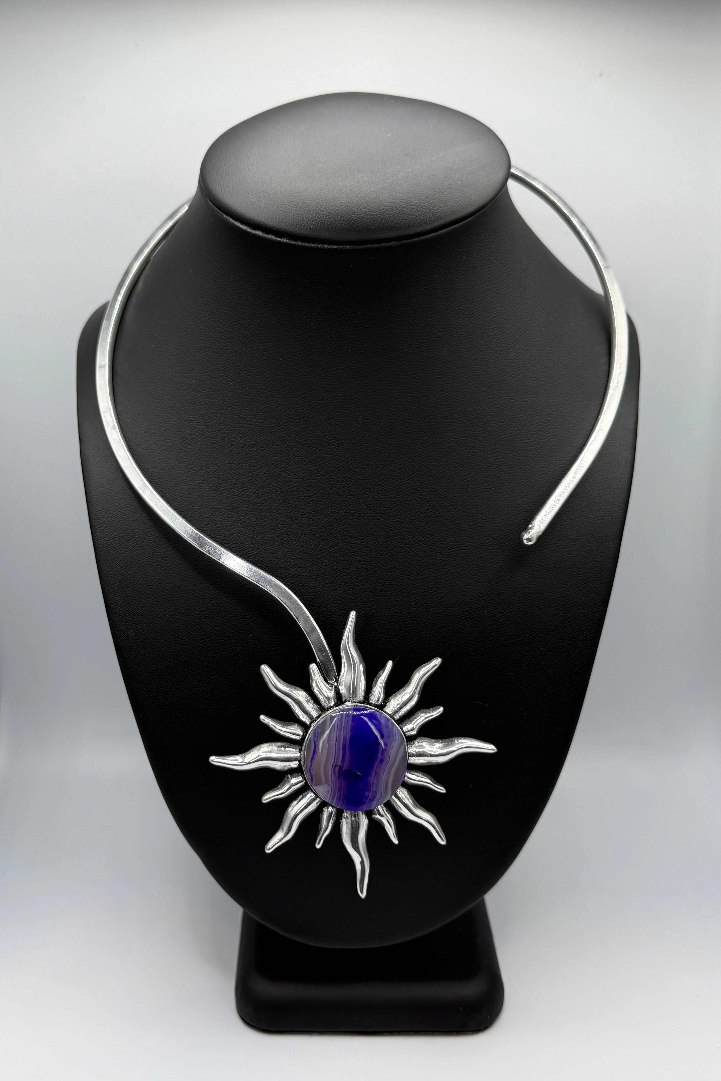Purple Agate Silver Sun Necklace