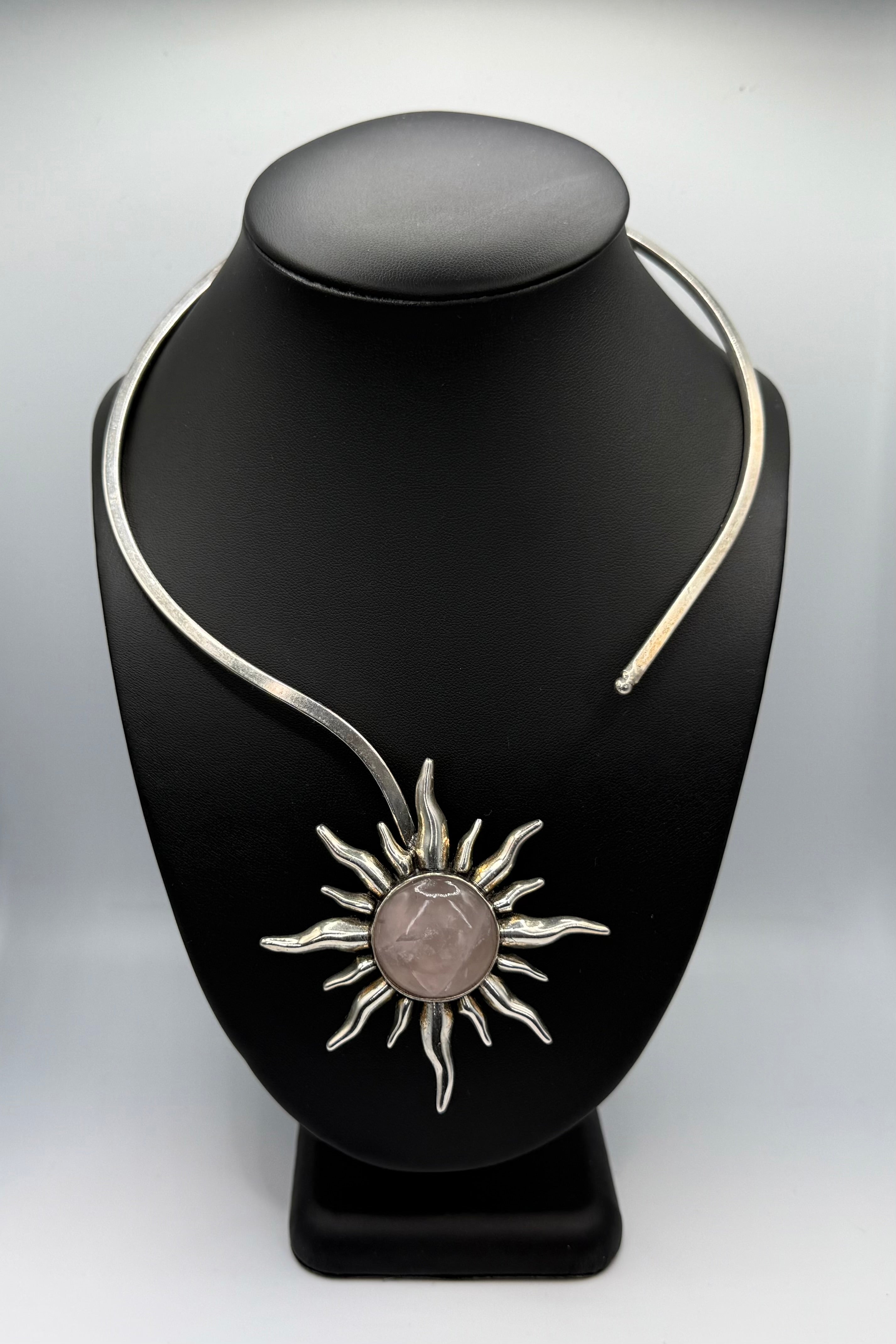 Rose Quartz Silver Sun Necklace