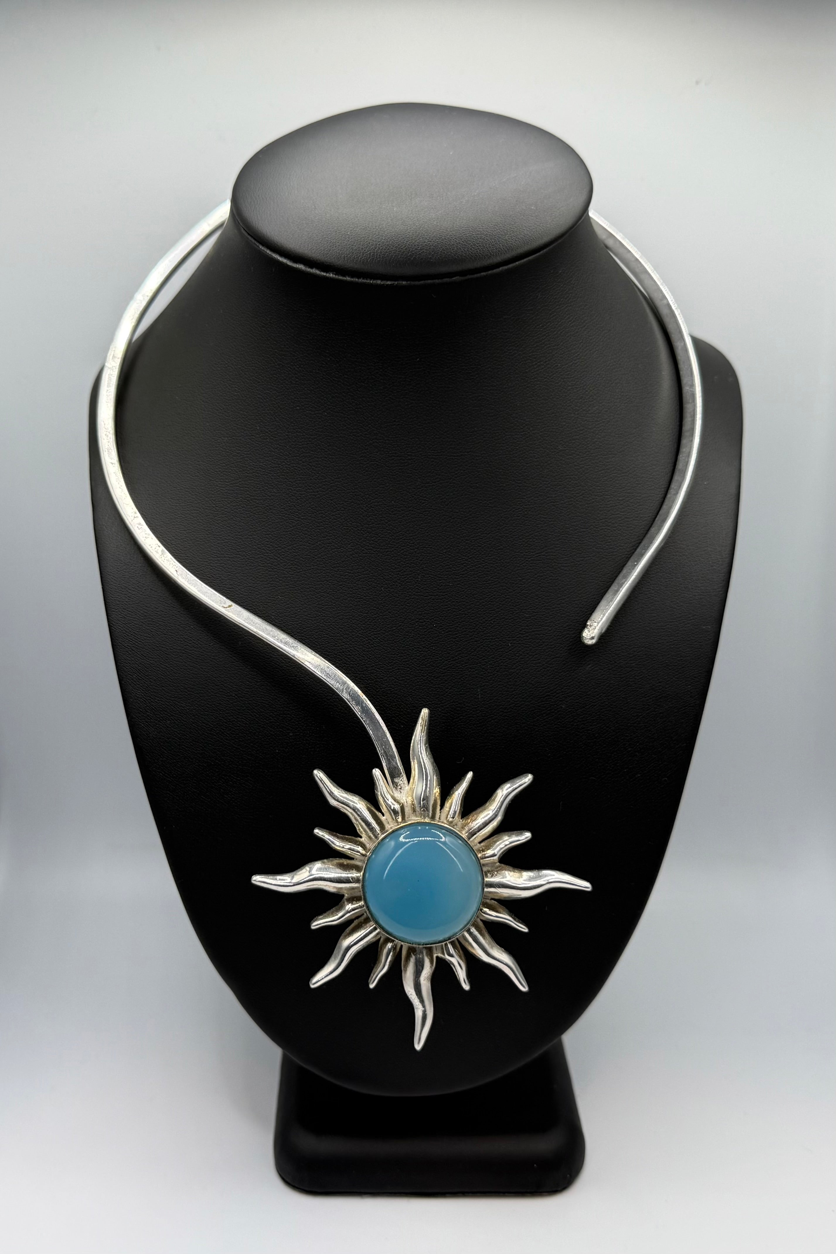 Sky Blue Chalcedony Silver Sun Necklace