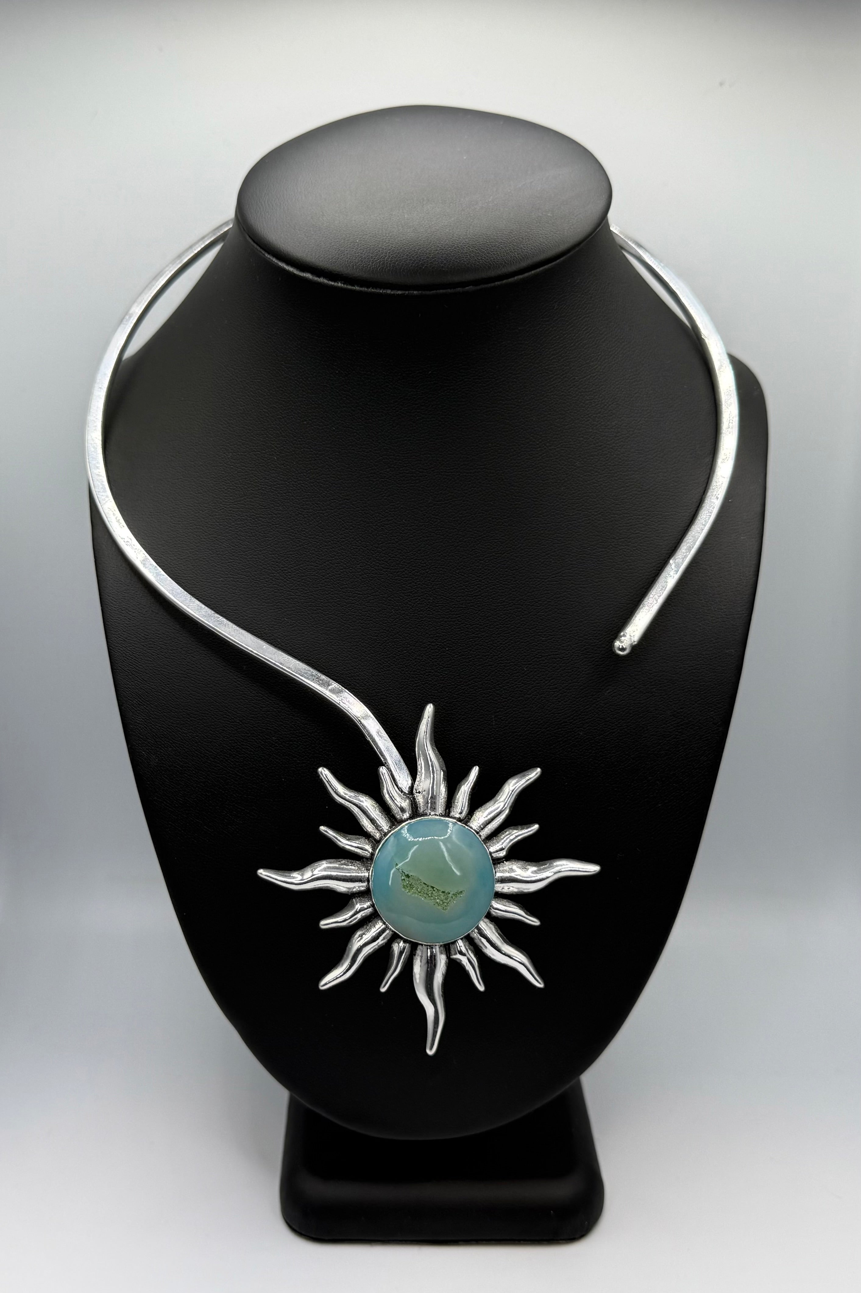 Sky Blue Druzy Silver Sun Necklace