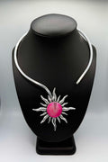 Hot Pink Druzy Silver Sun Necklace