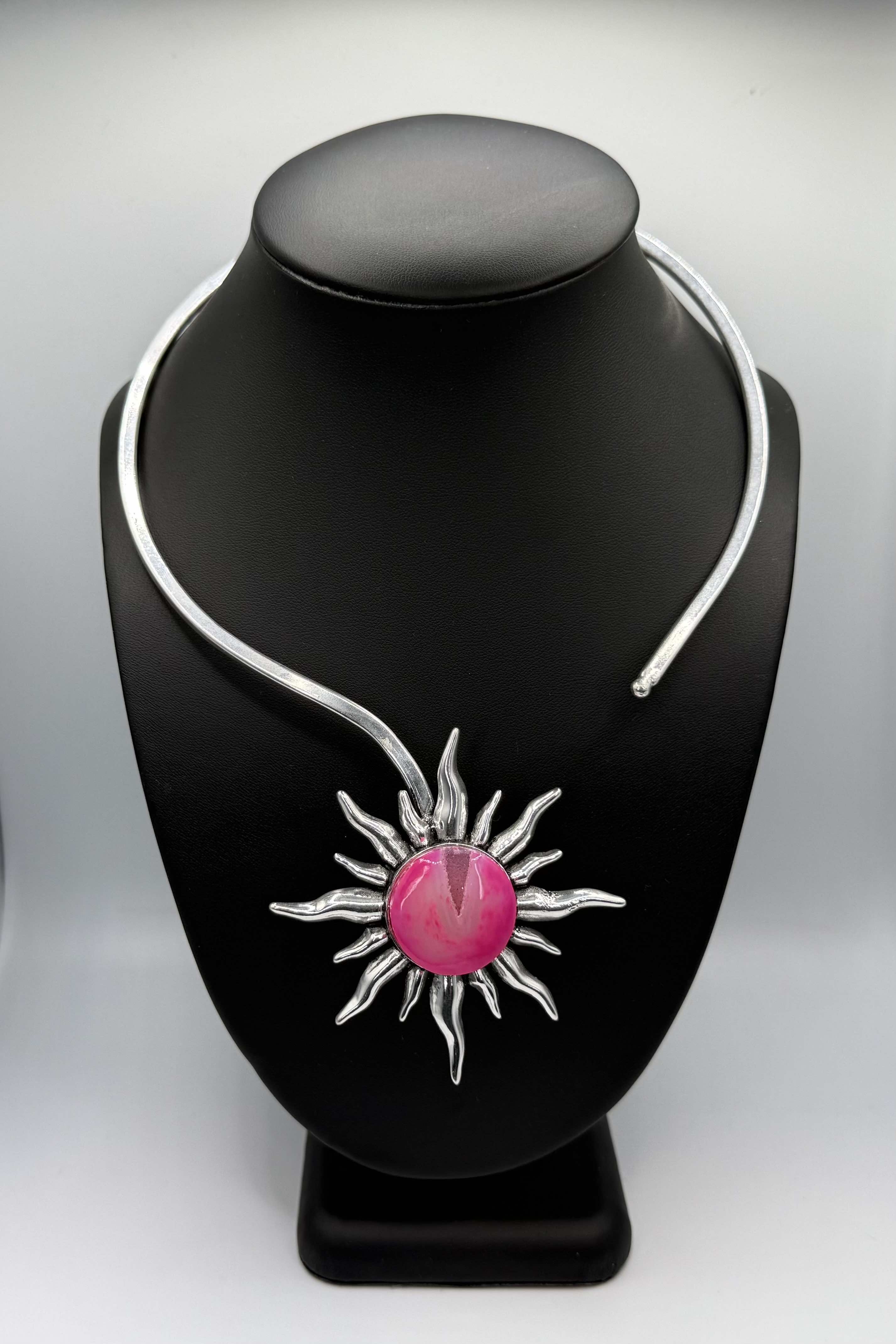 Hot Pink Druzy Silver Sun Necklace