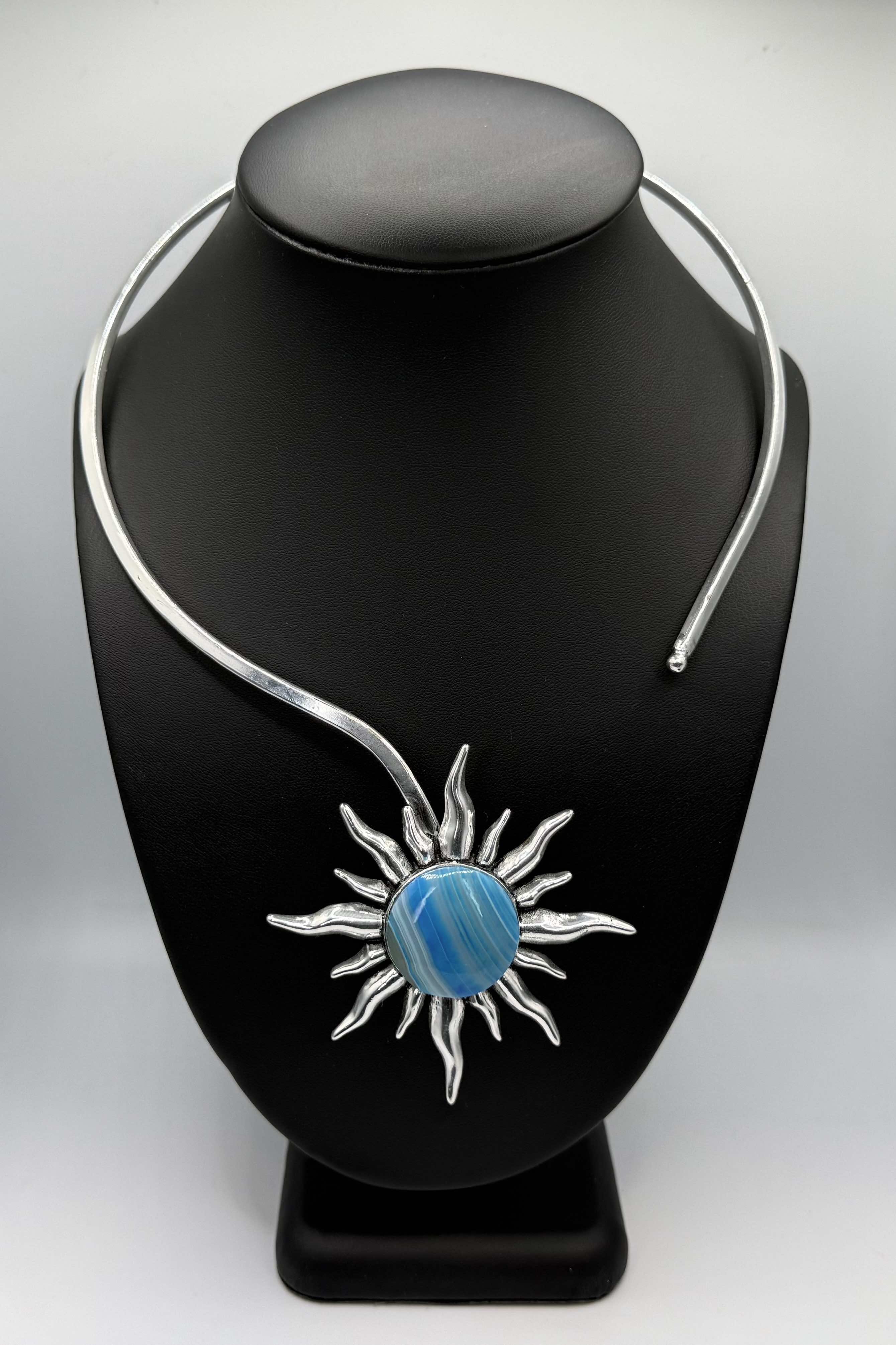 Sky Blue Agate Silver Sun Necklace